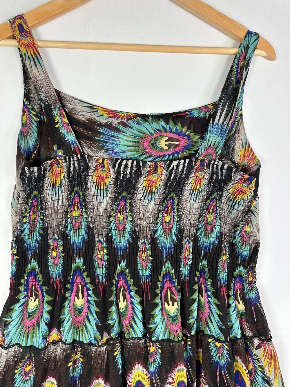 Peacock Feather Print Tiered Midi Dress Multicolor Ruched Back Wide Strap Boho - Picture 6 of 7